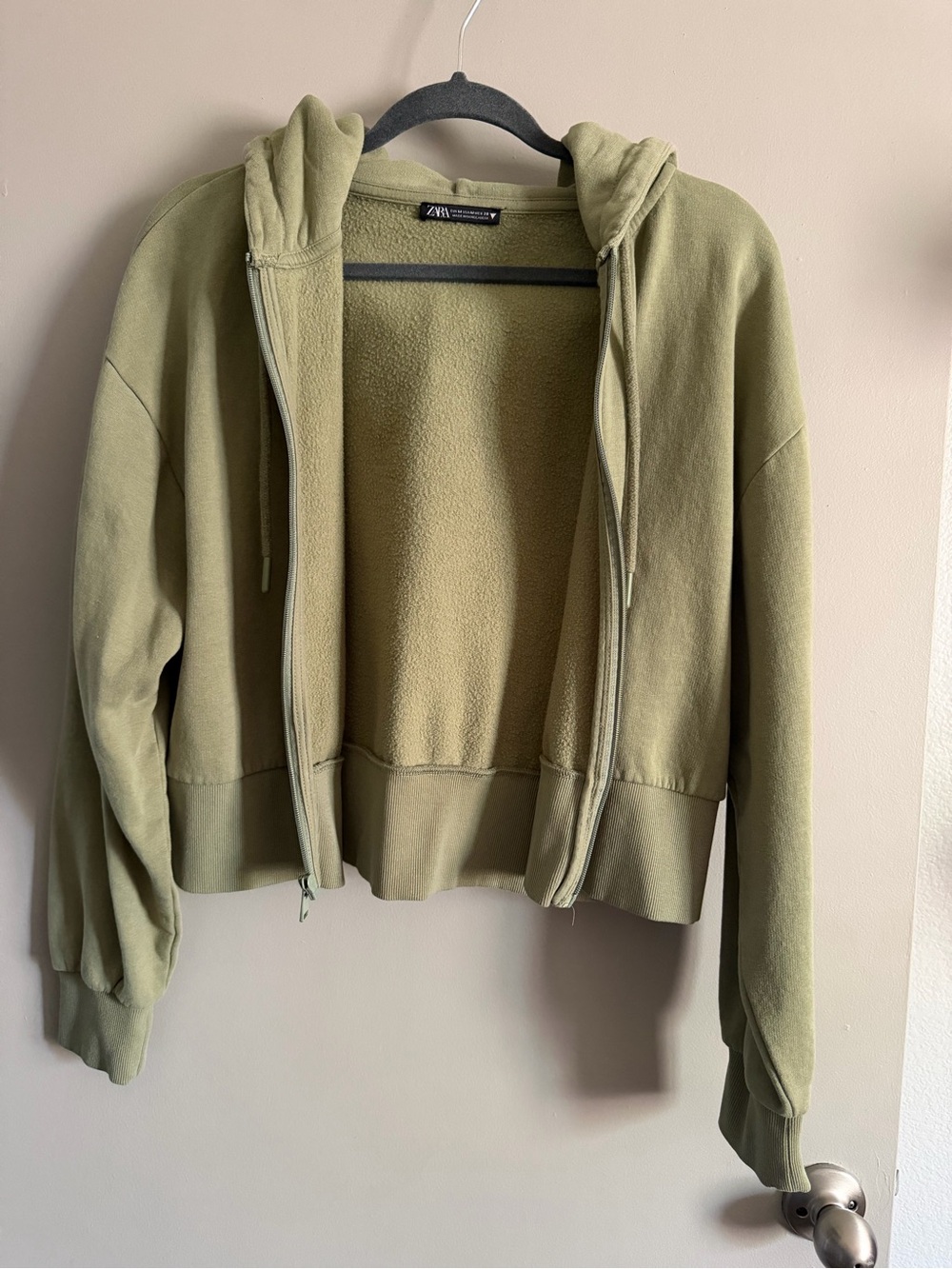Zara Light Olive Zip-Up Hooded Sweatshirt